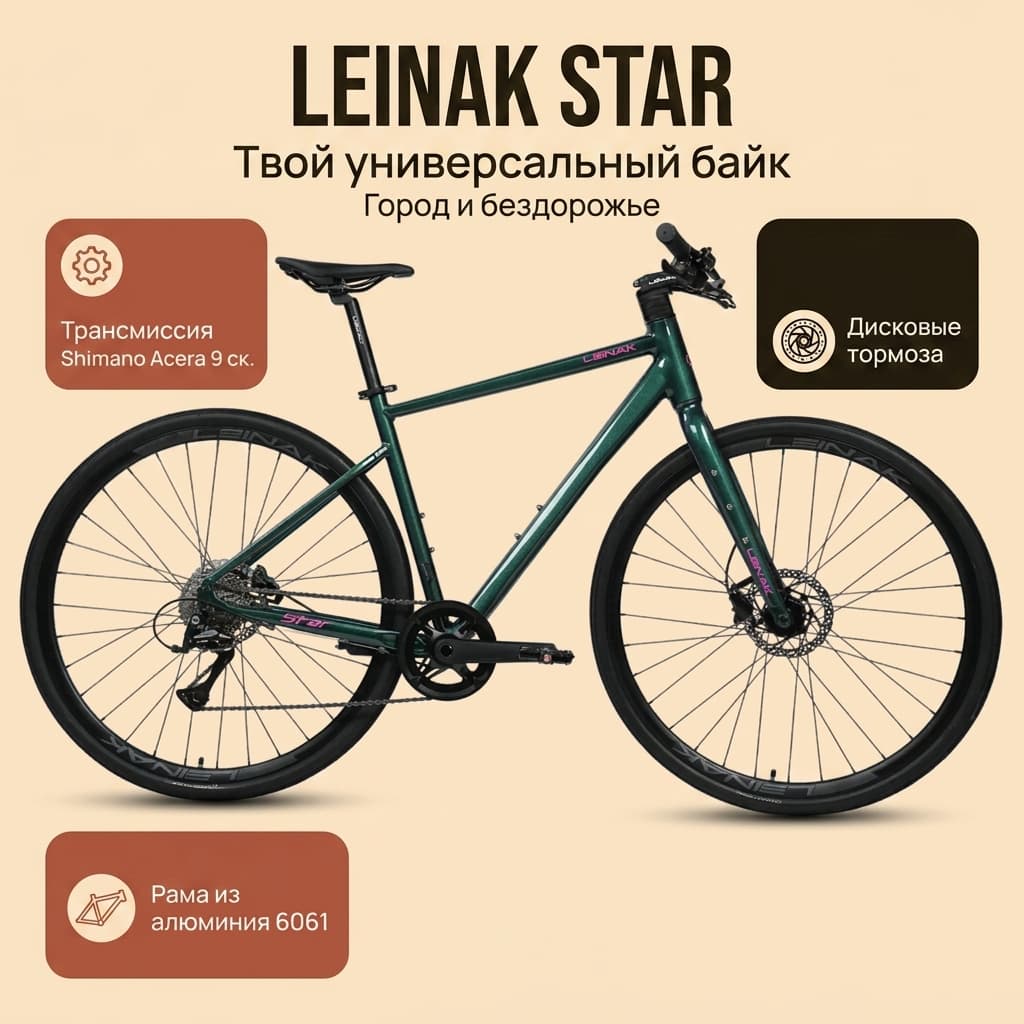 Флэтбар гревел Leinak Star, 9 скоростей, дисковые тормоза